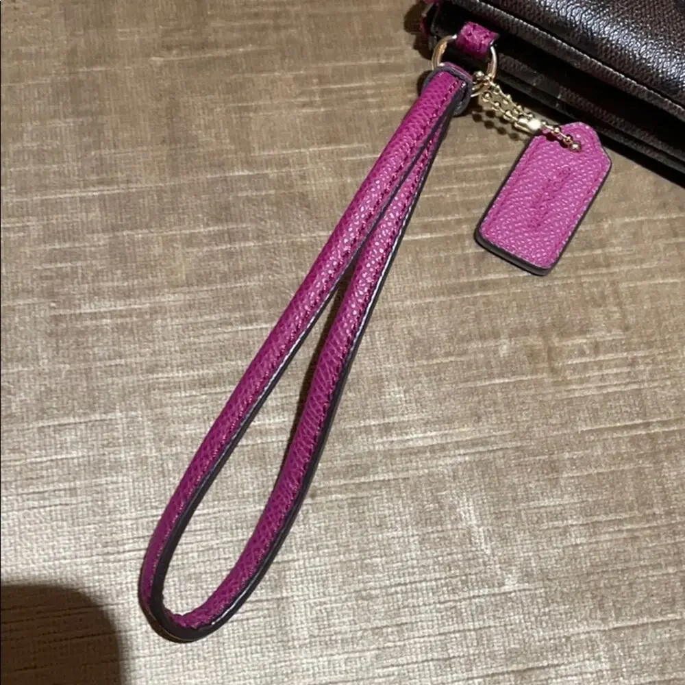Coach wristlet brown print raspberry accents nwot